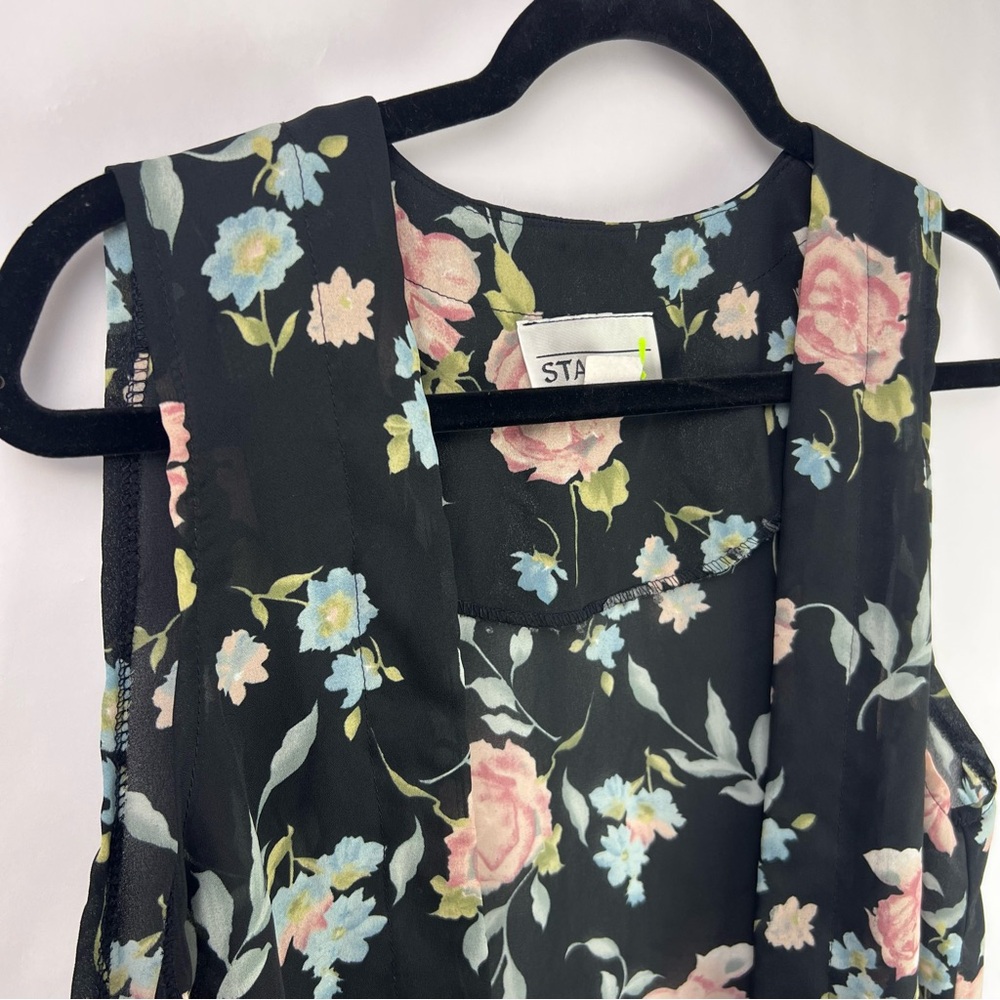 Stacey! Black Sheer Floral Open Front Vest Blouse, Vintage USA Made 8P, Romantic - Picture 4 of 10